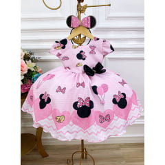 Vestido Infantil Minnie Rosa Com Broche de Laço Luxo