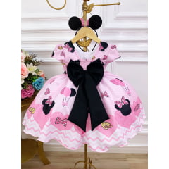 Vestido Infantil Minnie Rosa Com Broche de Laço Luxo