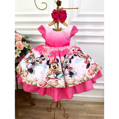 Vestido Infantil Minnie Rosa Confeitaria Pink C/ Strass