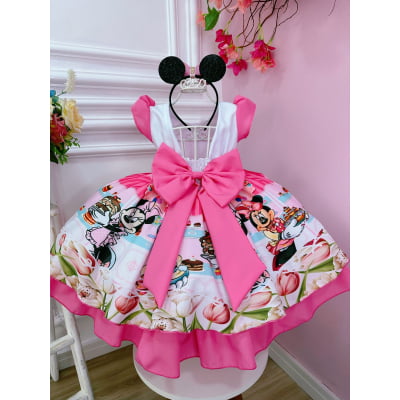 Vestido Infantil Minnie Rosa Confeitaria Pink C/ Strass