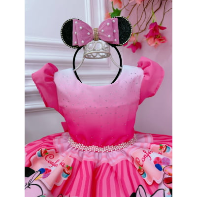 Vestido Infantil Minnie Rosa Confeitaria Pink C/ Strass