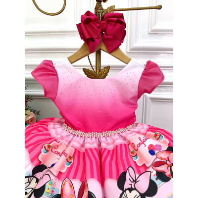 Vestido Infantil Minnie Rosa Confeitaria Pink C/ Strass