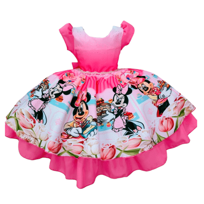 Vestido Infantil Minnie Rosa Confeitaria Pink C/ Strass