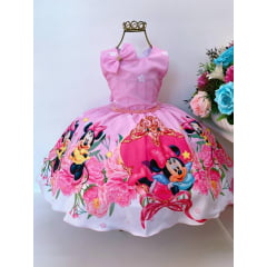 Vestido Infantil Minnie Rosa Floral Luxo Com Laço