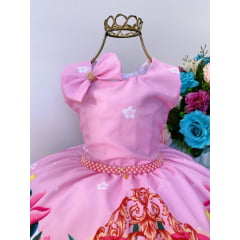 Vestido Infantil Minnie Rosa Floral Luxo Com Laço