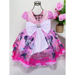 Vestido Infantil Minnie Rosa Laços Luxo Princesas