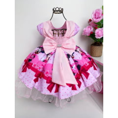 Vestido Infantil Minnie Rosa Laços Póa Cinto Pérolas