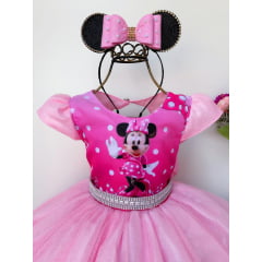 Vestido Infantil Minnie Rosa Luxo Cinto em Strass Festas