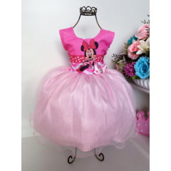 Vestido Infantil Minnie Rosa Luxo Brilho Laço