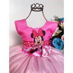 Vestido Infantil Minnie Rosa Luxo Brilho Laço