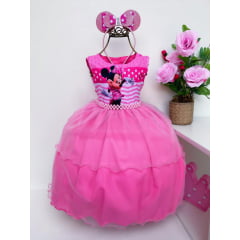 Vestido Infantil Minnie Rosa Luxo Com Tiara Babados