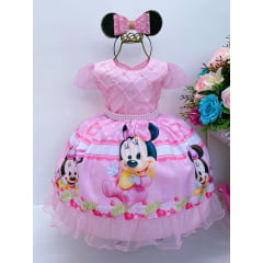 Vestido Infantil Minnie Rosa Nervuras no Peito Luxo Festas