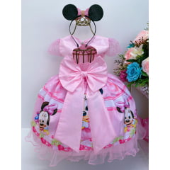 Vestido Infantil Minnie Rosa Nervuras no Peito Luxo Festas