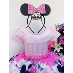 Vestido Infantil Minnie Rosa Poá Pérolas e Strass