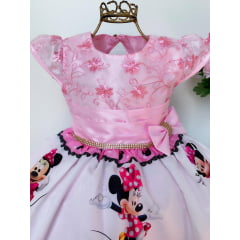 Vestido Infantil Minnie Rosa Renda Luxo Cinto Strass Princes