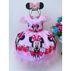 Vestido Infantil Minnie Rosas Detalhe em Pérolas Luxo Princesas