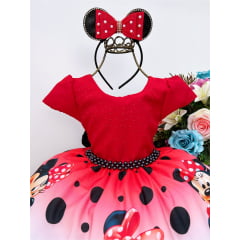 Vestido Infantil Minnie Vermelha Bolas Cinto e Pérolas Luxo