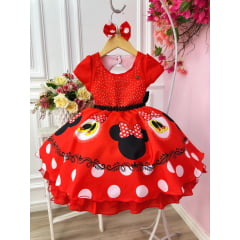 Vestido Infantil Minnie Vermelha Busto Strass C/ Laço Festa