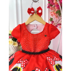 Vestido Infantil Minnie Vermelha Busto Strass C/ Laço Festa
