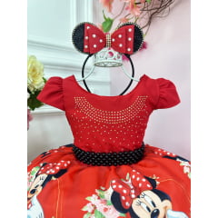 Vestido Infantil Minnie Vermelha Cinto de Pérolas Preto Luxo