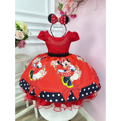 Vestido Infantil Minnie Vermelha Cinto de Pérolas Preto Luxo