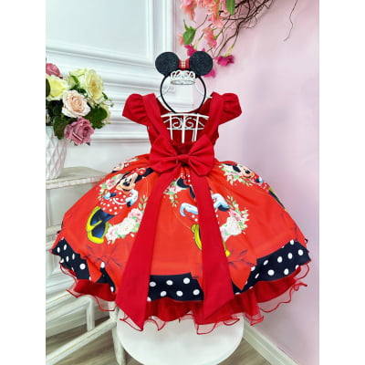 Vestido Infantil Minnie Vermelha Cinto de Pérolas Preto Luxo