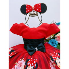 Vestido Infantil Minnie Vermelha Cinto Preto Strass Luxo