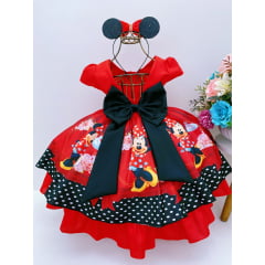Vestido Infantil Minnie Vermelha Cinto Preto Strass Luxo