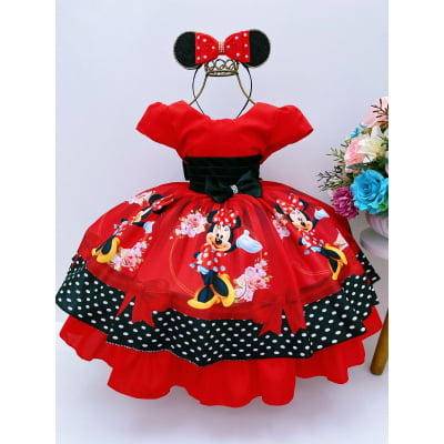 Vestido Infantil Minnie Vermelha Cinto Preto Strass Luxo