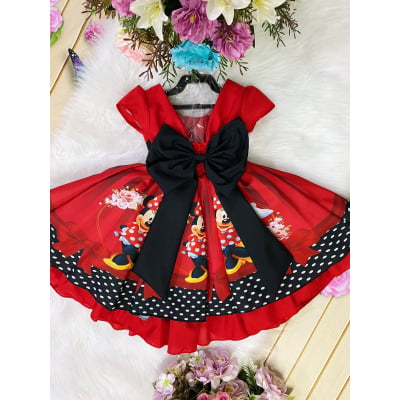Vestido Infantil Minnie Vermelha Cinto Preto Strass Luxo