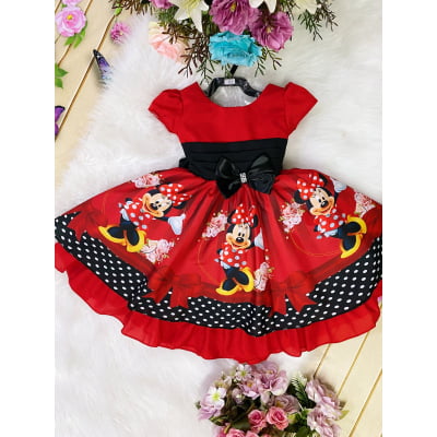 Vestido Infantil Minnie Vermelha Cinto Preto Strass Luxo