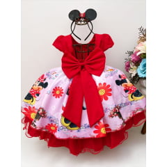 Vestido Infantil Minnie Vermelha Florido Strass e Pérolas