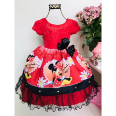 Vestido Infantil Minnie Vermelha Laço Preto Flores