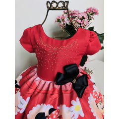 Vestido Infantil Minnie Vermelha Laço Preto Flores