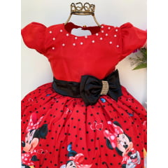 Vestido Infantil Minnie Vermelha Laço Preto Pérolas