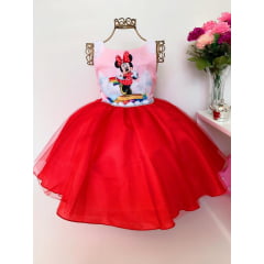 Vestido Infantil Minnie Vermelha Luxo Cinto de Strass Festa