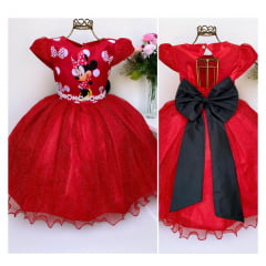Vestido Infantil Minnie Vermelha Luxo Laço Preto e Pérolas