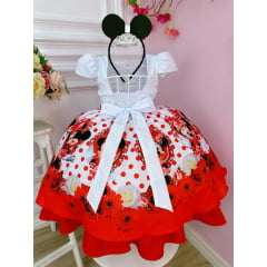 Vestido Infantil Minnie Vermelho Bolinhas Pérolas C/ Tiára