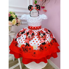 Vestido Infantil Minnie Vermelho Bolinhas Pérolas C/ Tiára