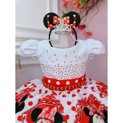 Vestido Infantil Minnie Vermelho Bolinhas Pérolas C/ Tiára