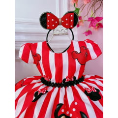 Vestido Infantil Minnie Vermelho C/ Listras Cinto de Pérolas