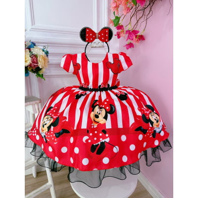 Vestido Infantil Minnie Vermelho C/ Listras Cinto de Pérolas