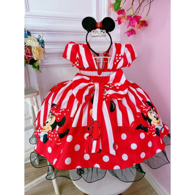 Vestido Infantil Minnie Vermelho C/ Listras Cinto de Pérolas