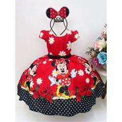 Vestido Infantil Minnie Vermelho Florido C/ Cinto de Pérolas