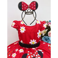 Vestido Infantil Minnie Vermelho Florido C/ Cinto de Pérolas