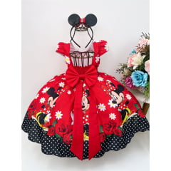 Vestido Infantil Minnie Vermelho Florido C/ Cinto de Pérolas