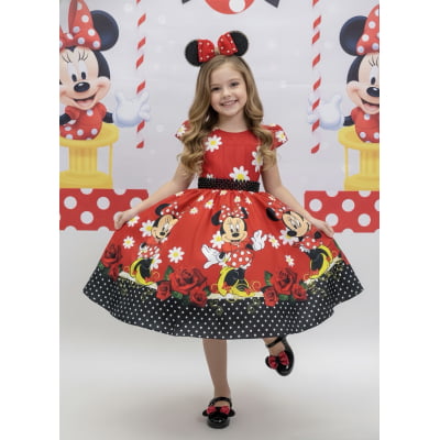 Vestido Infantil Minnie Vermelho Florido C/ Cinto de Pérolas