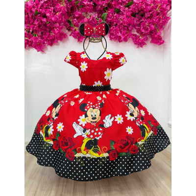 Vestido Infantil Minnie Vermelho Florido C/ Cinto de Pérolas