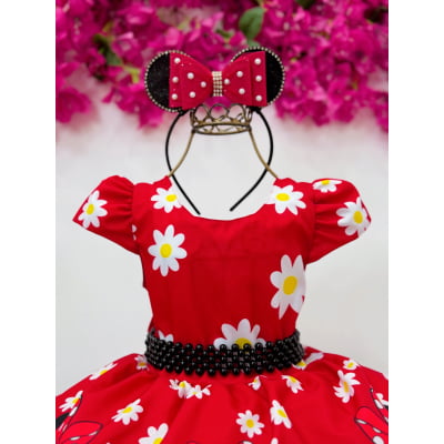 Vestido Infantil Minnie Vermelho Florido C/ Cinto de Pérolas
