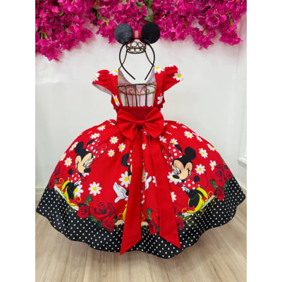 Vestido Infantil Minnie Vermelho Florido C/ Cinto de Pérolas